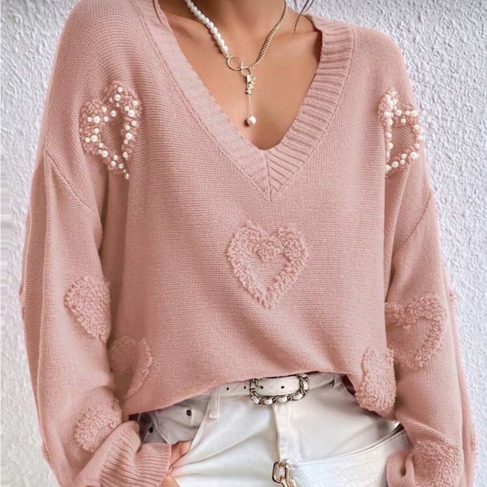 Pink Heart Patterned Women's Sweater - Picture 2 of 9